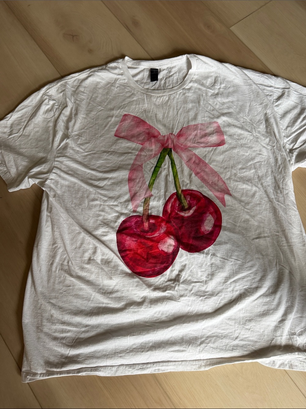 Gildan White Tee with Pink Bow and Red Cherry Print